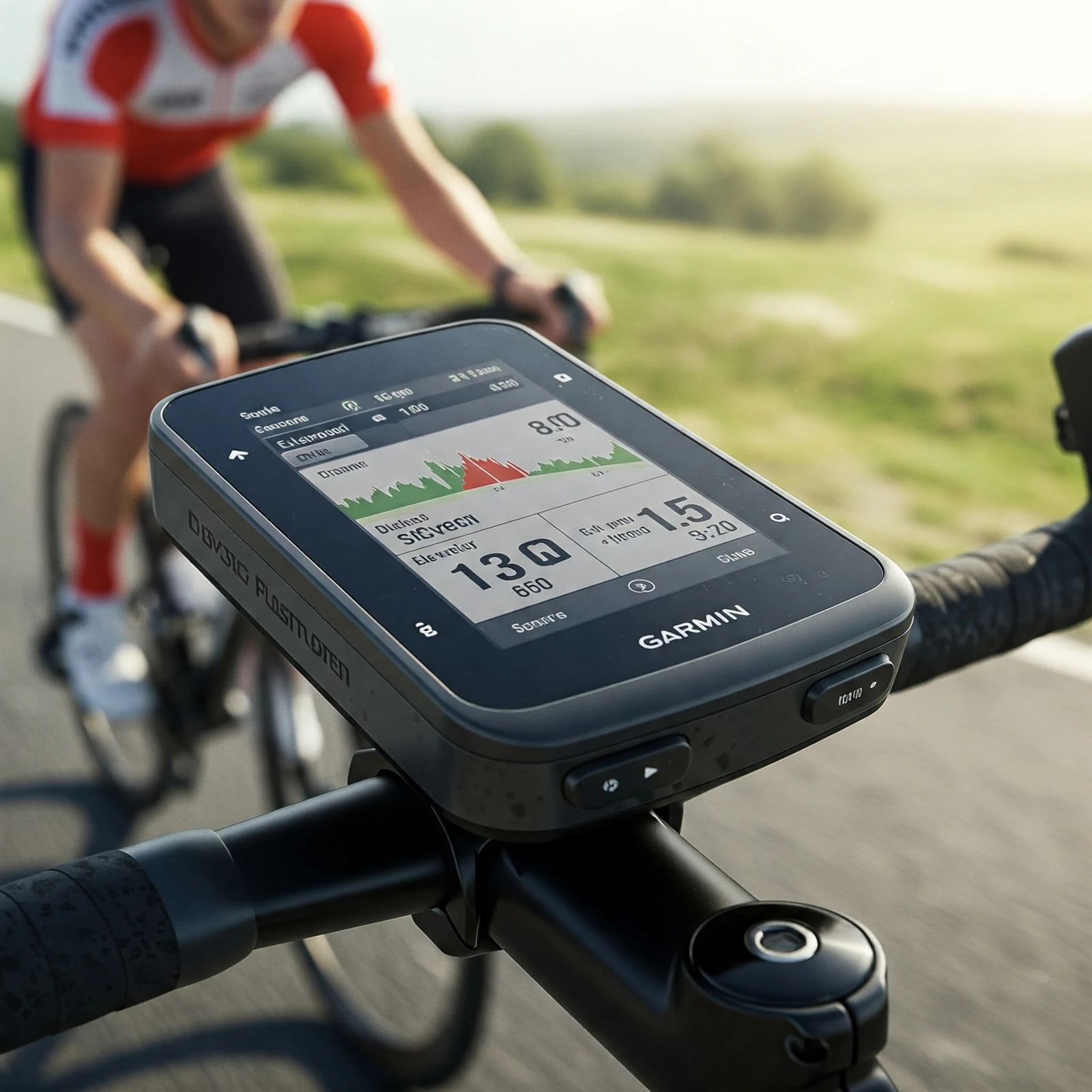 Close-up van een Garmin-fietscomputer die ritgegevens weergeeft, gemonteerd op een fietsstuur, met een fietser die op een weg rijdt op de onscherpe achtergrond.